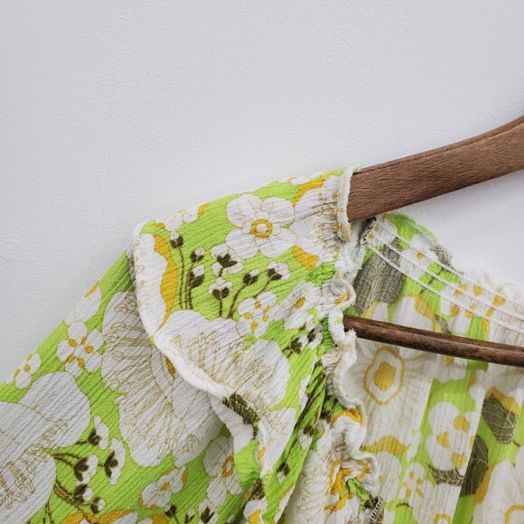 Boho Floral Crinkle Blouse Ruffle Neck Lime Green Top L Cottagecore Peasant - Picture 11 of 16